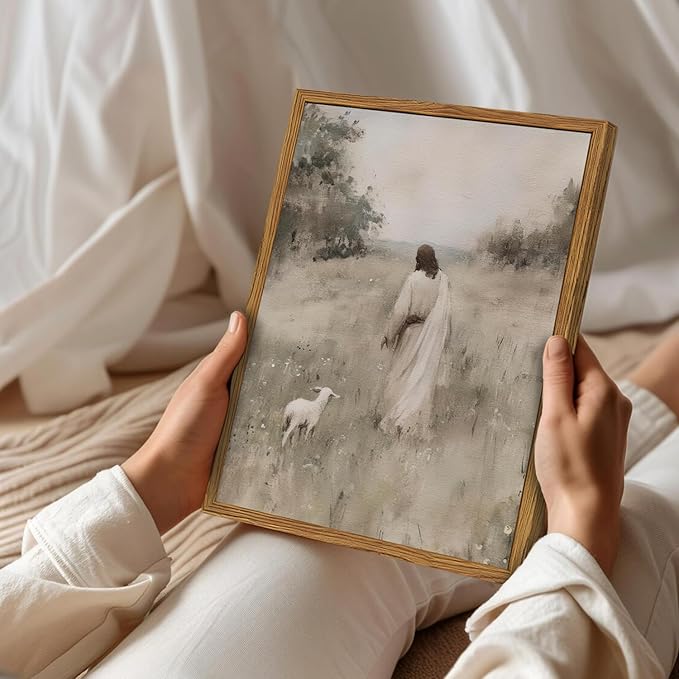 Jesus Leaves The 99 Sheep Wall Art Painting, Vintage Shepherd Christian Wall Decor Lost Lamb Religion Artwork 3D Textured Hand Drawn Sandstone for Living Prayer Room Bedroom 12x16 inch Wood Framed