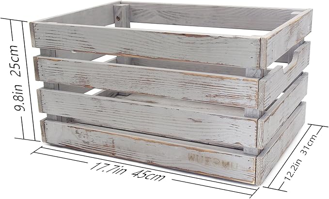 Gray Wooden Crates are Mainly Suitable for Storage, Tool Crate, Wine Crate, Camping, and Other Multi-Purpose. Rustic Style, They are Sturdy and Durable, set of 2 Length of 17.7 inches.