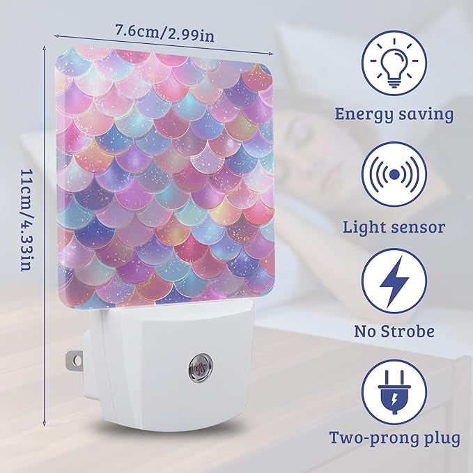 Mermaid Scale Night Light Plug-into Wall Nightlight with Dusk to Dawn Sensor, Energy Efficient Lamp for Bedroom/Bathroom/Kitchen/Hallway/Stairs