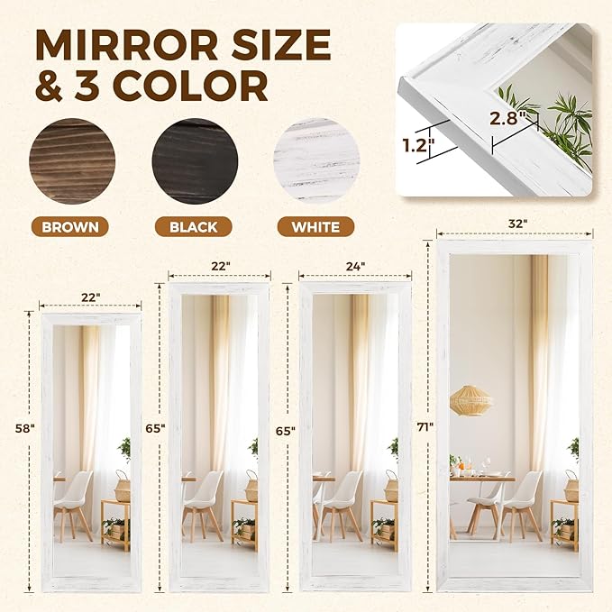 Oversized White Full Length Mirror 71"x32" - Solid Wood Beveled Frame Wall Leaning or Hanging Mirror - Rustic Farmhouse Style for Bedroom, Entryway, Living Room