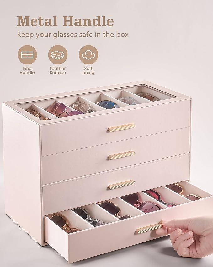 Lolalet Sunglasses Storage Box for Women, Eyewear Eye Glass Organizer with Clear Top Display Holder Case, Mothers Day Gifts
