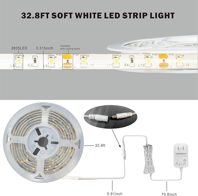 32.8FT Warm White LED Strip Lights Soft White 600 LEDs 3000K Waterproof Light Strip LED Lights for Bedroom, Kitchen Cabinets, Living Room, ETL Adapter Included (3000K Warm White, 32.8FT)