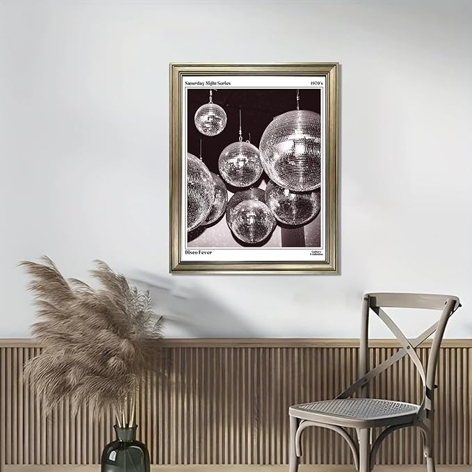 Disco Ball Music Wall Art, Vintage Framed Print Posters for Room Aesthetic Decor, Trendy Retro 70s Decor Funky Wall Art, Preppy Bar Cart Canvas Artwork