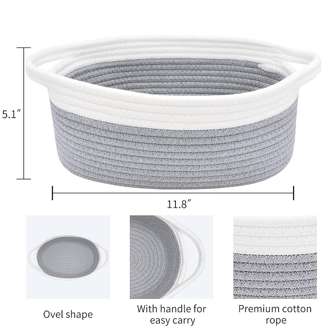 ABenkle Small Basket with Handles, Boho Decorative Rope Woven Dog Cat Toy Storage Bin Shelf Storage Organizer, Easter Christmas Gift Basket, 12"x8"x5", Grey