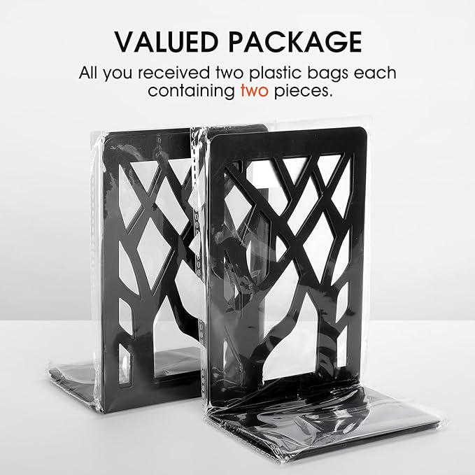 MaxGear Book Ends Tree Design Modern Bookends for Shelves, Non-Skid Book Holder, Heavy Duty Metal Book Storage for Books/CDs, Decorative Book Stopper for Home, 7 x 4.7 x 3.5”, Black,2 Pair/4 Pieces