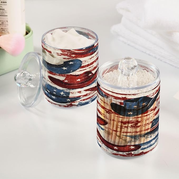 Nander 4Pack American Flag Style Cowboy Hat Qtip Holder Dispenser -Clear Plastic Apothecary Jars Set - Restroom Bathroom Makeup Organizers Containers for Cotton Swab, Ball, Pads, Floss