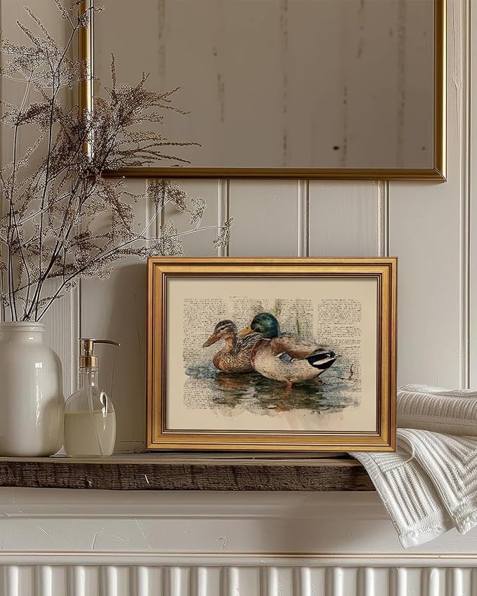 InSimSea Gold Framed Canvas Prints Wall Art, Vintage Nursery Decor, Mallard Duck Animals Paintings Farmhouse Wall Decor, Antique Pictures for Bedroom Living Room Shelf Gift, 12x16inch