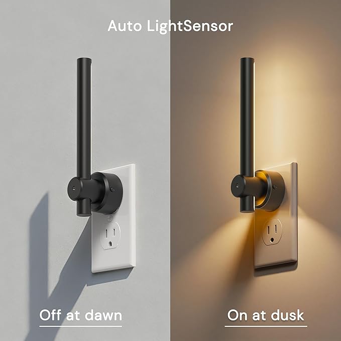 L LOHAS LED Night Light Plug in, 2Pack Dimmable Night Lights Plug into Wall, 330°Rotating Nightlight with Dusk to Dawn Sensor, Soft White, 0-100LM Modern Black Nightlights for Bathroom Mirror Restroom