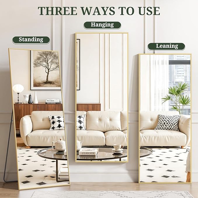 Mirror Full Length 64"x21" Full Body Floor Mirror with Stand, Shatterproof Glass, Aluminum Alloy Frame, Free Standing Wall Mounted or Leaning Rectangle Mirrors for Bedroom Living Room Entryway