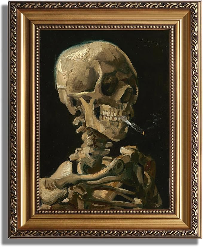 KBKBART Gold Framed Canvas Wall Art Skull of a Skeleton with Burning Cigarette Van Gogh Art Print, Dark Academia Wall Decor Gothic Wall Art for Halloween, Living Room, Bedroom, Office, Bathroom, Gothic - 9"x12"