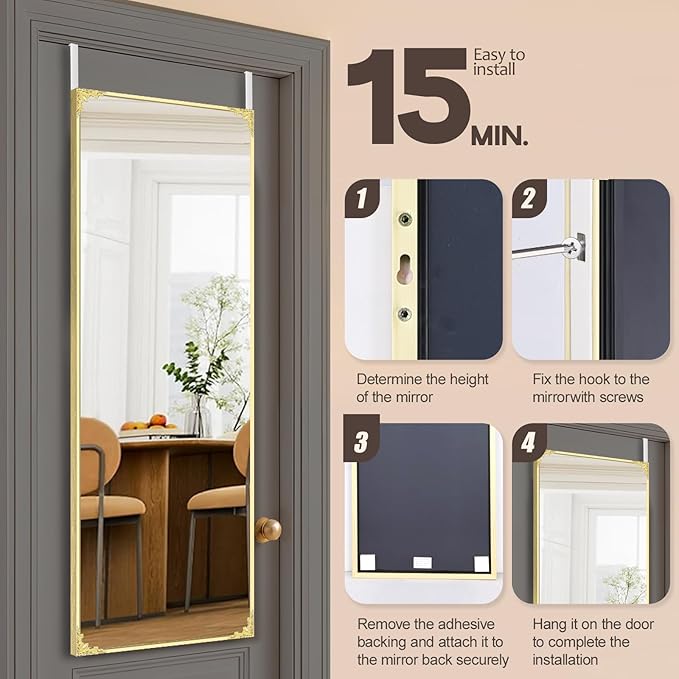 50"x16" Door Mirror, Rectangle Full Length Mirror, Over the Door Mirrors Full Length, Hanging Mirrors for Bedroom, Bathroom, Gold
