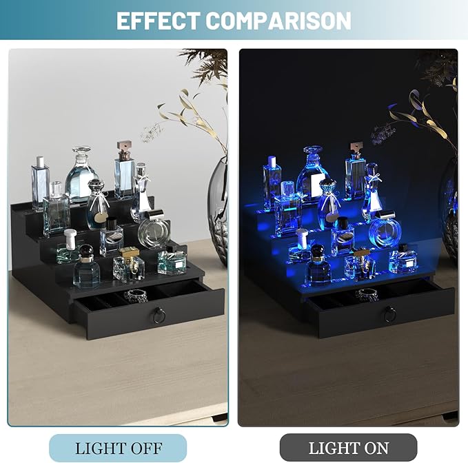 LED Lighted Cologne Organizer for Men, 4 Tier Wood Perfume Organizer with Velvet Lined Drawer, Multi Lighting Modes Perfume Display Holder with Remote Control, Cologne Shelf Stand, Nice Gift for Men