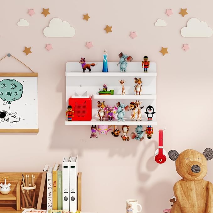 for Tonies Shelf Magnetic - Tonies Figure Organizer for Kids Room, Wooden Magnetic Display Shelf for Tonies Box Holder, Wall Floating Shelves Toy Storage Compatible Charging Station (3 Tier, White)