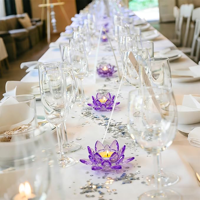 2 Pcs Purple Crystal Lotus Flower Tealight Candle Holder | Glass Votive Candlestick Decor for Home, Wedding, Party & Christmas Table Centerpieces