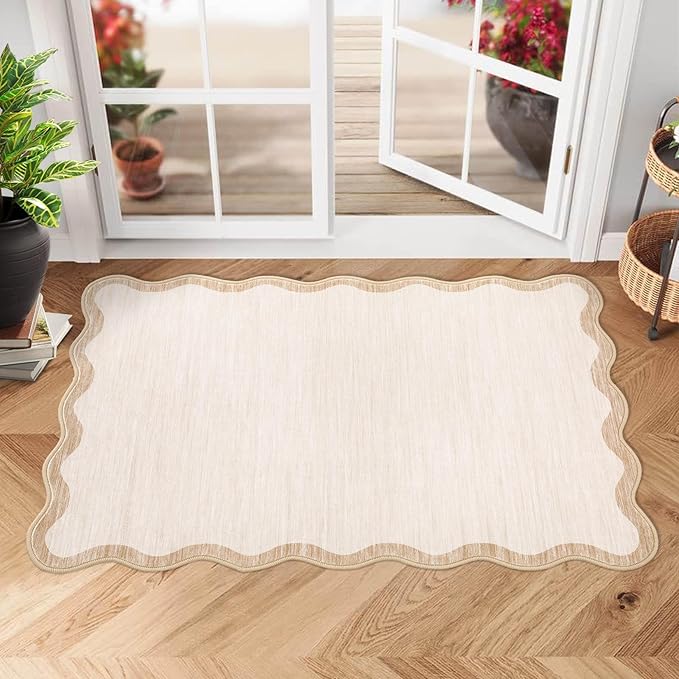 GarveeHome Scalloped Door Mat Indoor Entrance 2x3 Rug Machine Washable Boho Small Area Rug Non-Slip Low Pile Throw Rugs for Entryway Kitchen Front Door Indoor Entrance Entry Kids Room, Beige