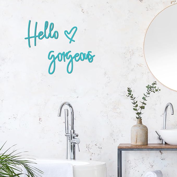 Blulu Hello Gorgeous Wall Decor Sign Hello Gorgeous Wall Art Minimalist Wooden Words Decor for Lash Room, Salon, Vanity or Makeup Room, Bathroom, Bedroom, Office(Blue)