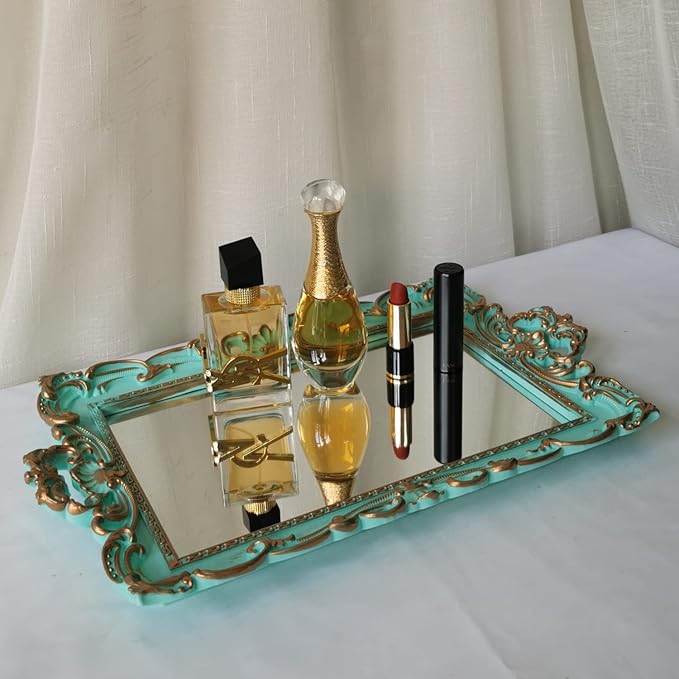 Shell Rectangle Decorative Mirror Tray, French Style, Makeup Organizer, Jewelry Organizer, Serving Tray, 8.2"x 12.9", Golden Blue