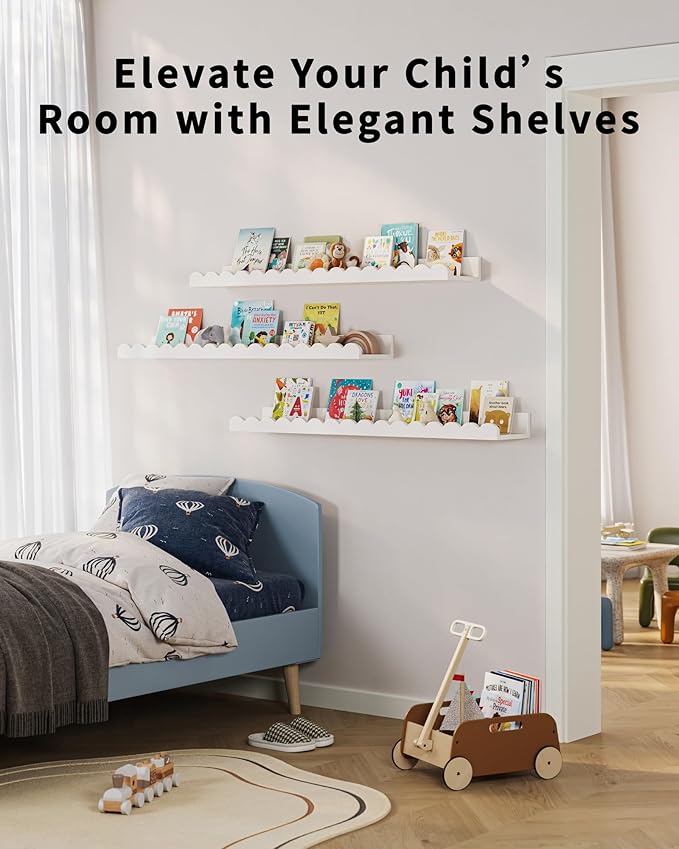 G&W Gruwald Nursery Book Shelves, Set of 3, Nursery Decor for Baby and Toddler, Scalloped Shelves, Book Shelf for Kids Rooms, Wall Book Shelf for Bedroom Kids (White, 36 Inches)