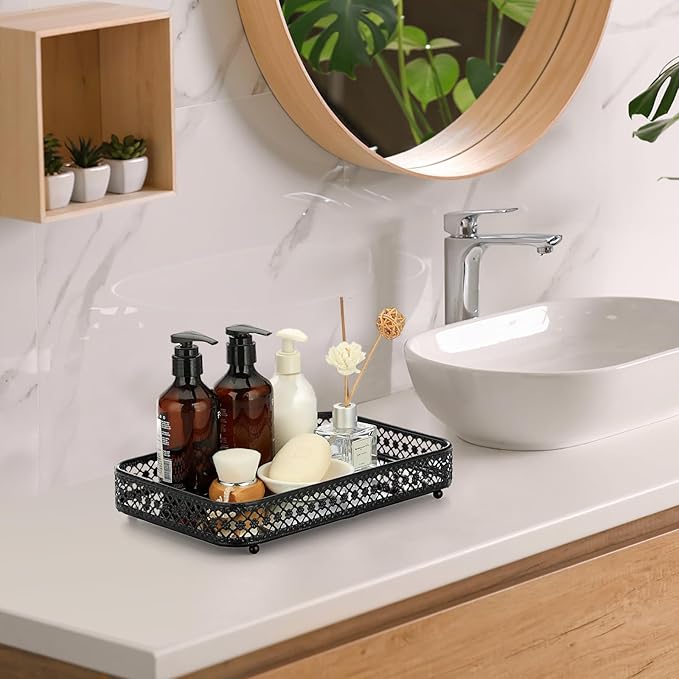 ELLDOO Black Perfume & Makeup Vanity Tray - Hollow-Carved Jewelry Storage, Glass & Metal Trinket Organizer for Dresser & Bathroom Countertop, Medium Size
