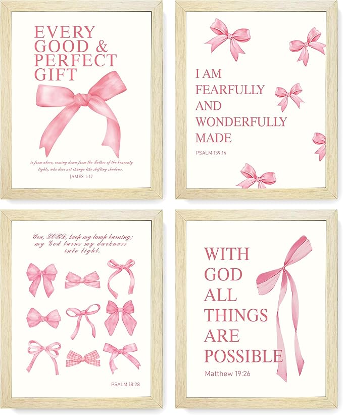 LARTSFRO Coquette Pink Bow Wall Art Decor Posters, Pink Bow Room Bedroom Bathroom Dorm Wall Art Decor Aesthetic for College Teen Girls Gifts, Inspirational Bible Verses Bow Wall Decor, 10x8 Inch Set of 4 Pcs Bow Pictures (WOOD-GRAIN FRAMED)