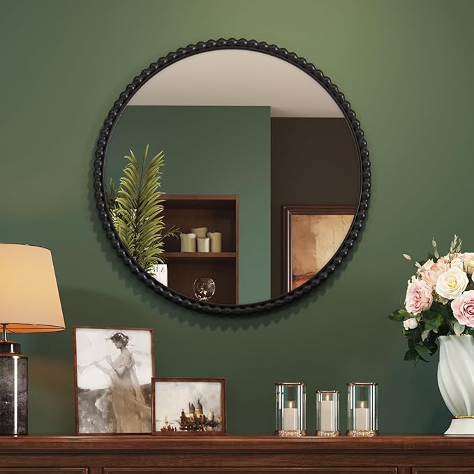 Uniclinens Beaded Round Wall Mirror Large - Vintage Mirror Wall Decor 31.5" with Metal Frame, Ideal for Entryway, Fireplace, Living Room, Hallway, Bathroom, Black