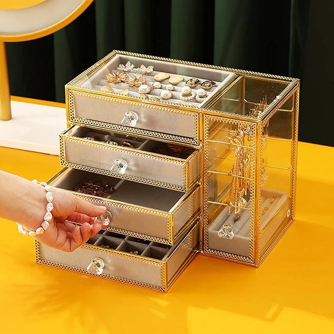Jewelry storage box Makeup Organizers Glass Jewelry Box European Storage Case for Necklace Earring Ring Craft Containers Best Gifts for Women Jewelry Case ()
