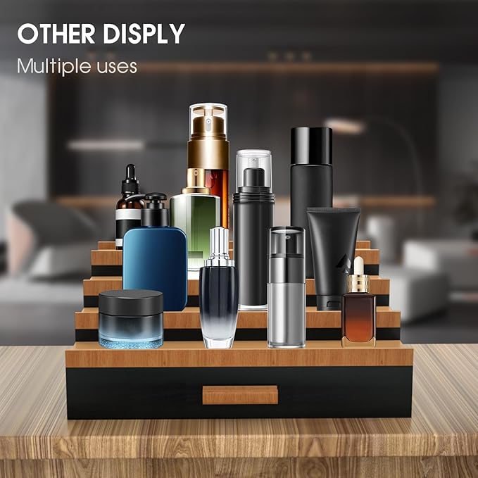 Sephyroth Cologne Organizer for Men 4 Tier of Elevated Cologne Display Shelf with Drawer Storage Perfume Organization and Storage Display Risers,Great Gift for Man(4Tier-BlackWalnut)