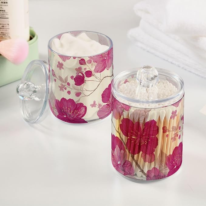 2 Pack Apothecary Jars Art Pink Peach Blossom Bathroom Vanity Storage Organizer Set,Small Clear Plastic Storage Jars Bathroom Canister for Cotton Swabs, Rounds, Balls, Qtips,Makeup Sponges, Flo