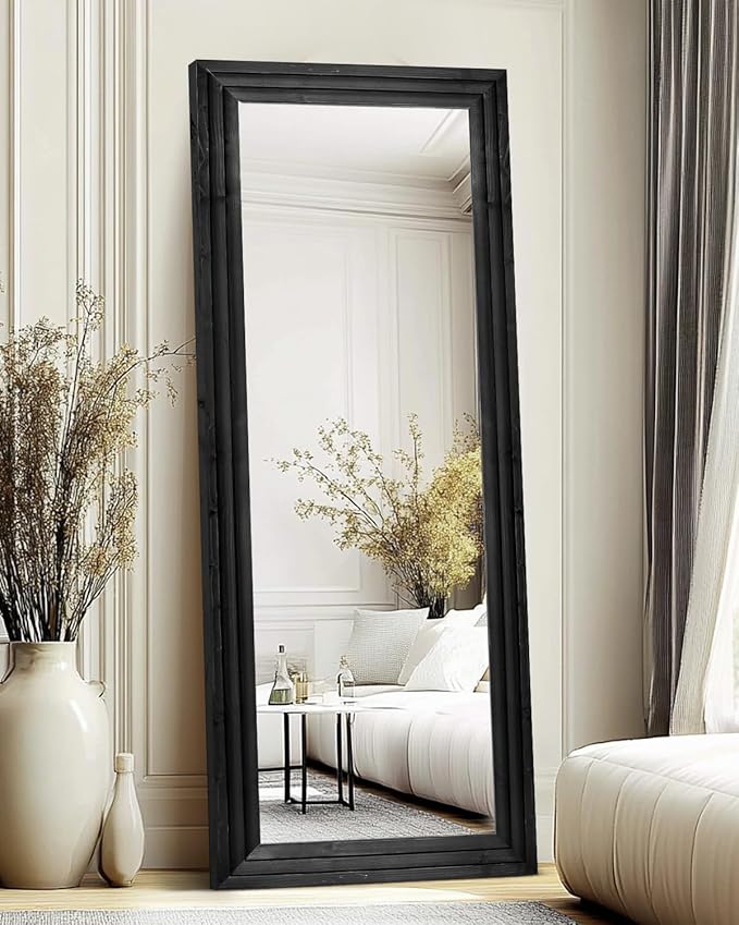 Full Length Mirror 65"x24" Solid Wood Frame Floor Large Mirror for Living Room, Bedroom Hanging or Leaning Wall-Mounted, Black