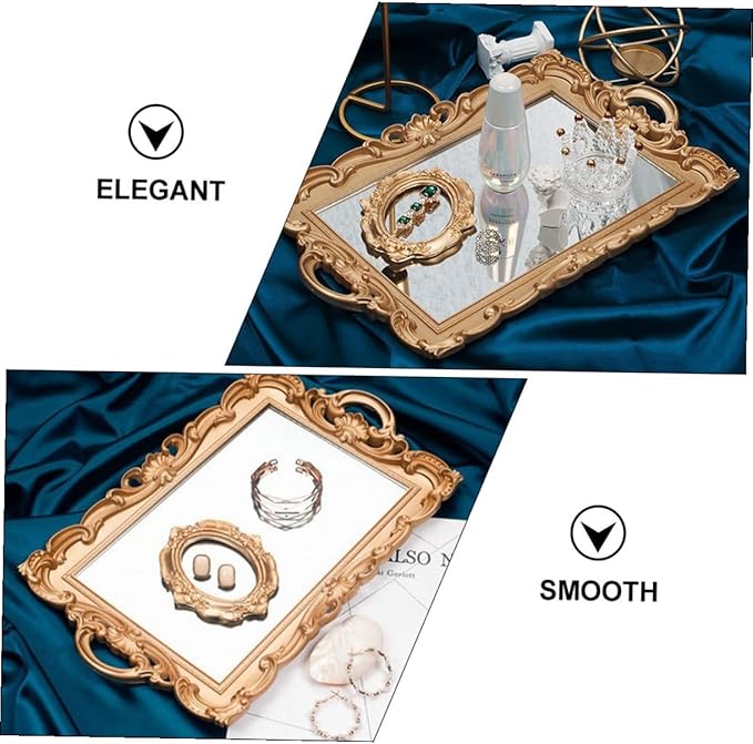 ABOOFAN European Vintage Mirror Tray Golden Rectangular Decorative Makeup and Perfume Storage Plate Photo Prop Organizer for Home Vanity