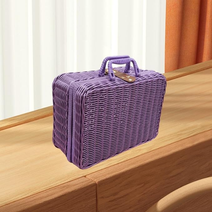 Woven Suitcase Imitation Rattan Storage Basket Portable Photo Prop Makeup Case Picnic Basket for Tabletop Bathroom Household, Violet L