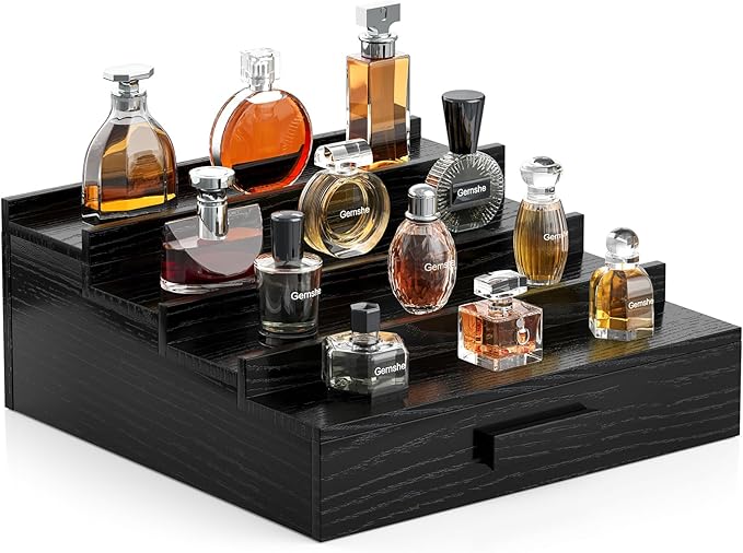 Solid Walnut Cologne Organizer for Men,Cologne Stand,4 Tier Wooden Cologne Holder Shelf Display,Perfume Stand Organizer with Drawer and Hidden Compartment,Gift for Men Dad Husband,Black