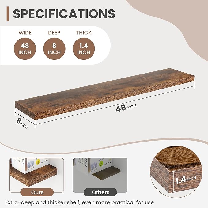 Acovy 48 Inch Floating Shelves, 8 Inch Deep Floating Shelves for Wall, Hanging Shelf with Invisible Brackets, Deep Shelves for Bathroom, Bedroom, Living Room, Brown, Set of 1