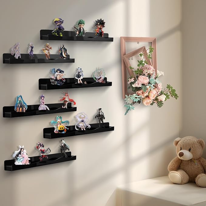 6 Pack Black Nail Polish Wall Rack 15 Inch Acrylic Floating Display Shelves with Anti-slip End Guards for Tattoo Ink Essential Oils Figurine Display Spice Rack Kids Bookshelf for Salons Retailers Home