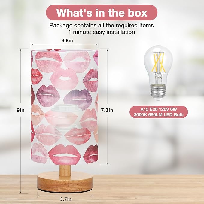 Fenmzee Lips Table Lamp for Bedroom - Inline Control, Small Bedside Lamp with 3000K A15 LED Blub, Easy Assembly (Lips White Shade, 9" Inline Control)