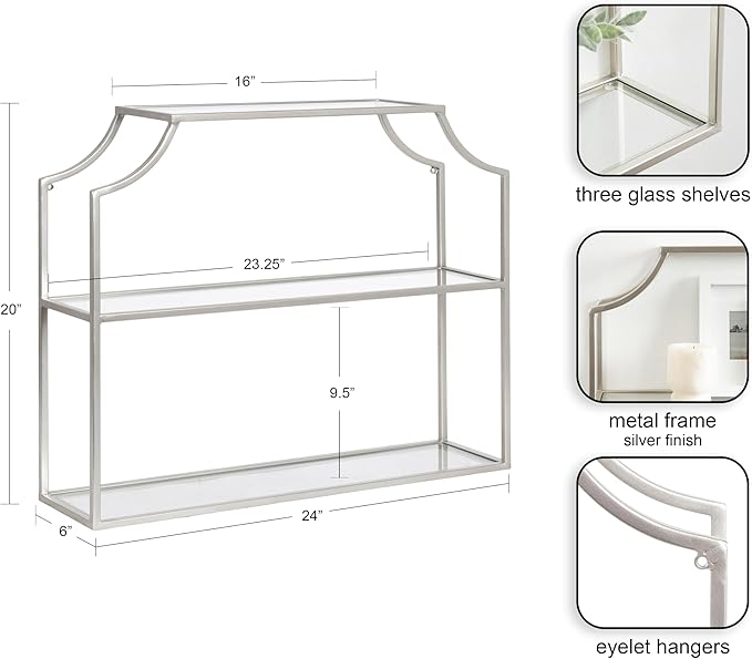 Kate and Laurel Ciel Modern Glam Wide Two-Tier Wall Shelf, 24 x 20, Silver, Tiered Bathroom Shelves for Over the Toilet Storage or Bedroom Makeup Organizer