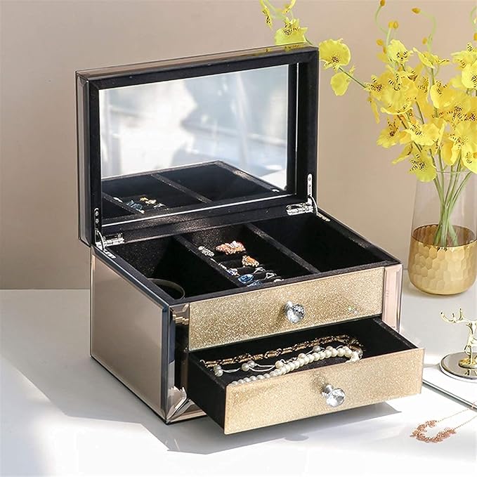 Storage Box Jewelry BoxLuxury Glass Jewelry Box with Makeup Mirror Jewelry Storage Organizer Trinket Jewelry Box Organizer,