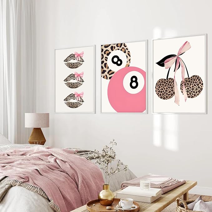 Trendy Pink Leopard Bow Wall Art Set of 3 Funky Cherry Lucky 8 Ball Posters Prints Cute Coquette Preppy Room Aesthetic Wall Decor Pictures for Girls Bedroom Apartment Dorm Unframed 16x24in