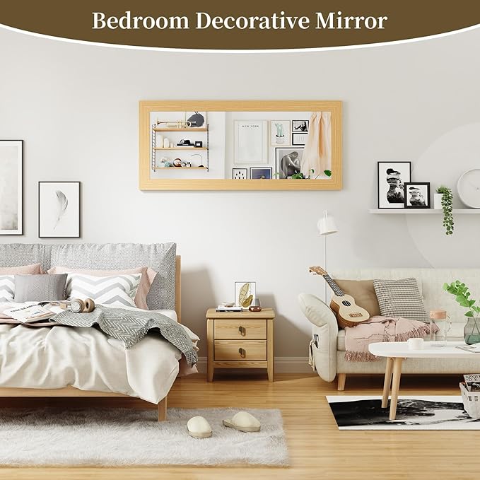 Syndra Modern Full Length Mirror Wood Frame, 56x20'' Large Floor Mirror with HD Tempered Glass & Wall Mount Option, Rectangular Standing Mirror for Bedroom, Living Room, Entryway, Farmhouse(Natural)