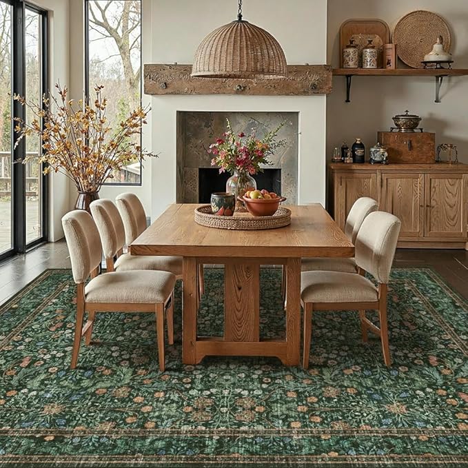 Rugxara 8x10 Area Rugs for Living Room Bedroom, Large Washable Rug, Green Vintage Floral Boho Rug, Non Slip & Low Pile Faux Wool Thin Carpet for Indoor Dining Room and Kids Room(Green 8x10ft)