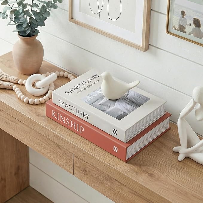 Decorative Book Boxes for Coffee Table Decor (Set of 2) - Faux Books with Hidden Storage - Modern Farmhouse Entryway & Shelf Styling Accents - Sanctuary & Kinship (Terracotta Rust & Beige)