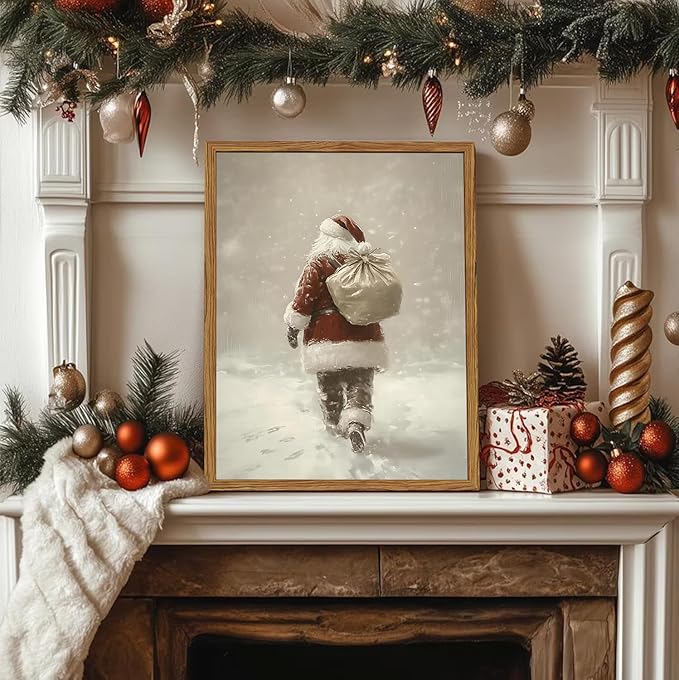 Framed Vintage Christmas Canvas Wall Art, Rustic Santa Claus Walking Snowy Wall Decor Paintings, Winter Holiday Aesthetics Pictures Print Christmas Home Decor for Living Room Bedroom 16x24inch