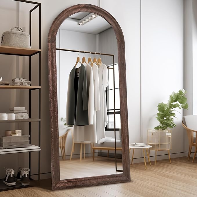 Arched Full Length Mirror 71"x32" - Rustic Brown Solid Wood Wall Mirror, Oversized Leaning or Mounted Design for Bedroom, Entryway, Living Room Décor