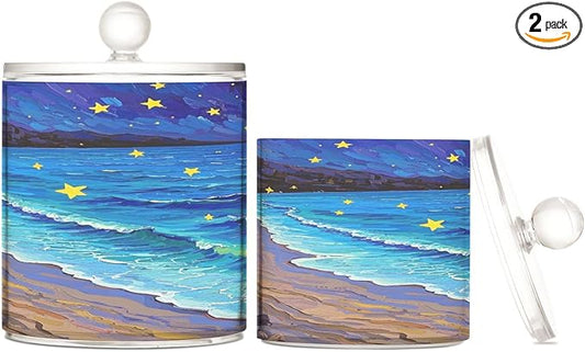 Art Starry Beach Clear Plastic Makeup Organizer Storage with lid Pantry Essentials Decorative storage bin for Cotton Swabs,Cotton Pads,Floss Picks,Paper Clips,Hair Clips 2 Pack