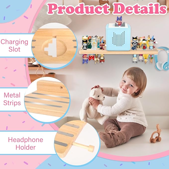 for Tonies Box Storage Shelf Wall Mounted, Magnetic Pine Wood Floating Shelves Organizer for Tonie box1/2 Player, Tonies Figures, Earphones, Display Collection 20~30 Characters