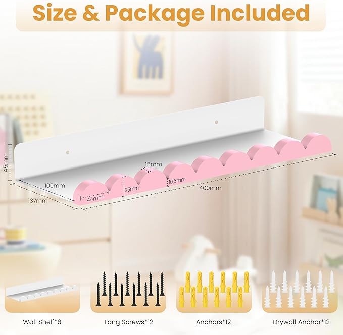 6-Pack Nursery Book Shelves, Scalloped Floating Shelves for Wall Kids, 15.7" Wood Wall Book Shelf for Bedroom Kids, Toddler Room, Baby Room, Nursery Decor,White and Pink