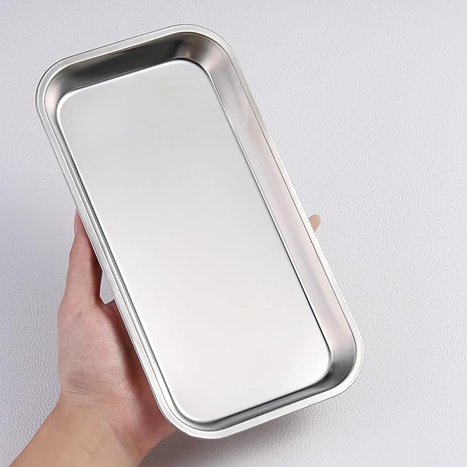 SUTOKAKA 2 Pack Stainless Steel Silver Decorative Tray, Manicure Surgical Tools Placing Dish, Bathroom Vanity Trays for Dresser Counter