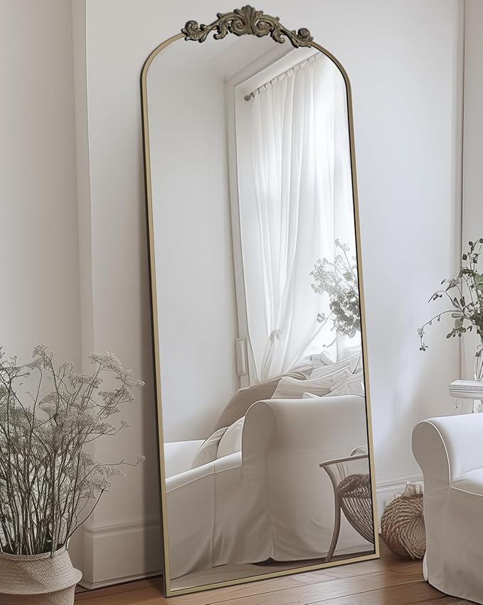 Antok Arched Full Length Mirror, 65"x22" Floor Mirror with Carved, Full Body Mirrors for HomeDecor, Standing/Halling Large Wall Mirror for Bedroom, Living Room, Cloakroom, Bronze, Retro Style