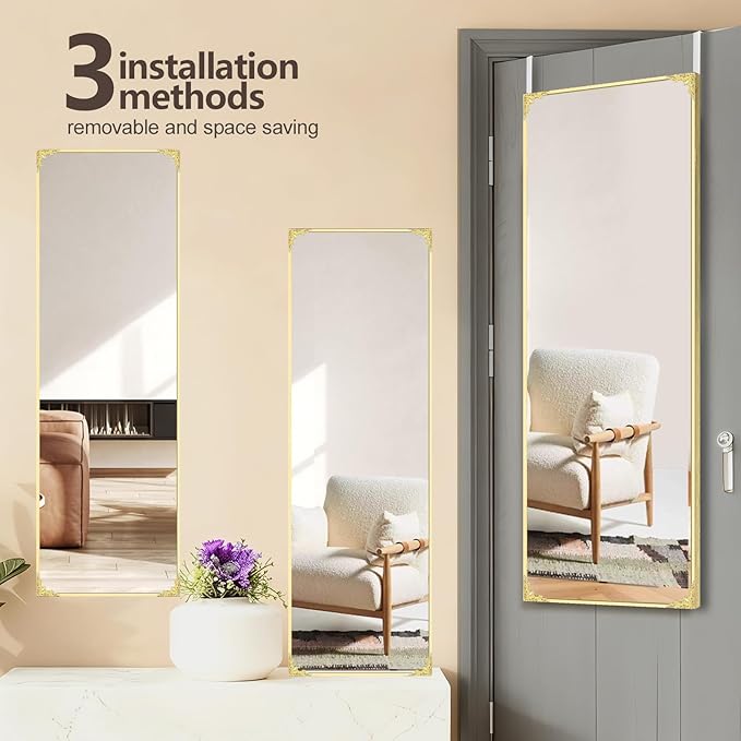50"x16" Door Mirror, Rectangle Full Length Mirror, Over the Door Mirrors Full Length, Hanging Mirrors for Bedroom, Bathroom, Gold