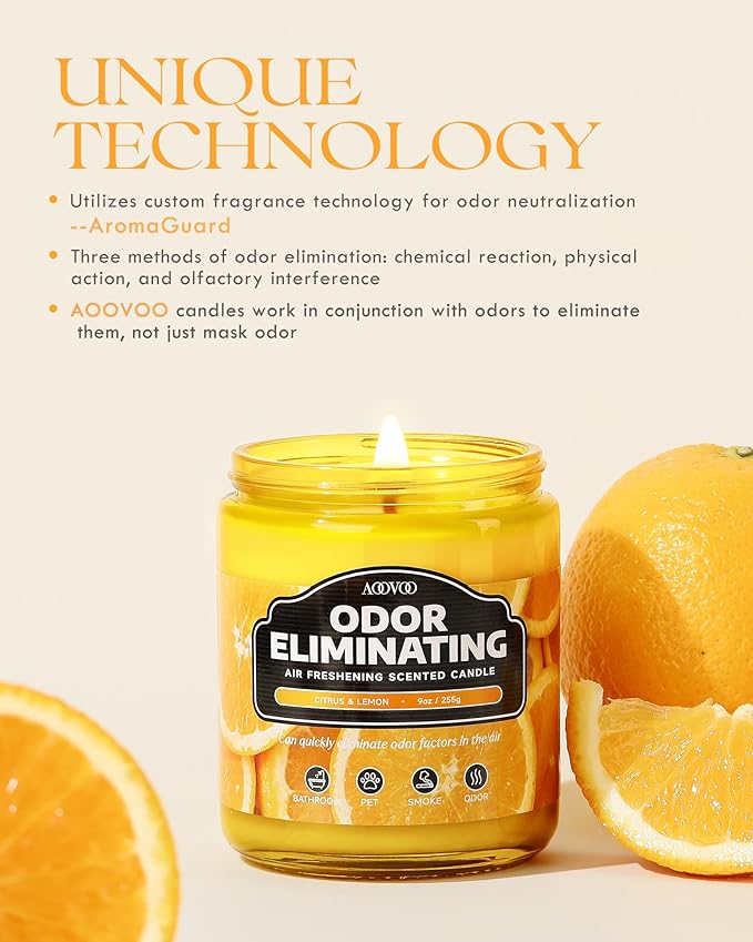 AOOVOO 4 Pack Citrus Lemon/Green Apple Odor Eliminating Highly Fragranced Candle - Eliminates 95% of Pet, Smoke, Food, and Other Smells Quickly, Non Toxic Air Freshing Soy Candle